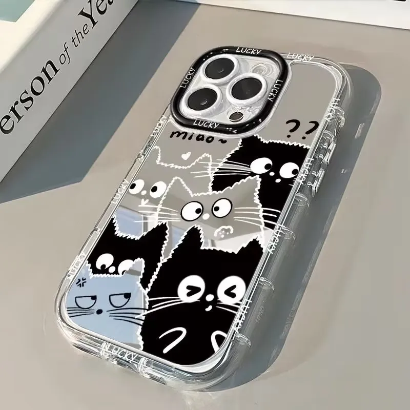 Cartoon Cute Black White Cat Mirror Design Phone Case For iPhone 17 Pro 16 15 14 13 12 11 Pro Max 7 8 Plus XR X XS 17E 16E Cover