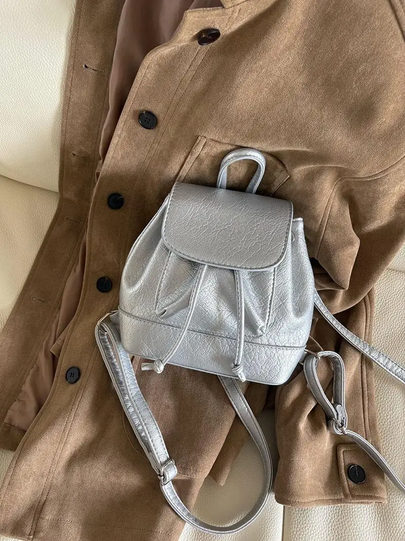 

Simple Casual Pure Color Pu Leather College Student Class Versatile Mini Travel Backpack Bag for Women