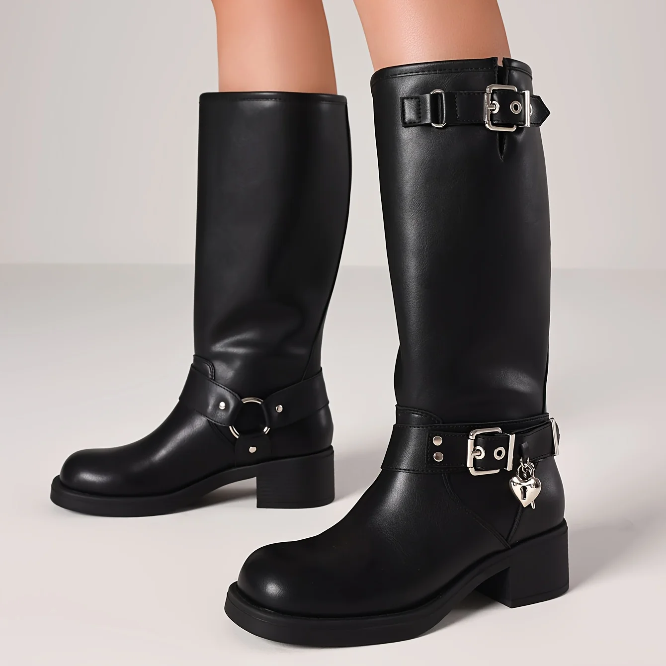

Женские мотоциклетные сапоги до колена Y2K в стиле панк с металлическим сердечком и пряжкой на массивном каблуке, женские уличные сапоги для верховой езды