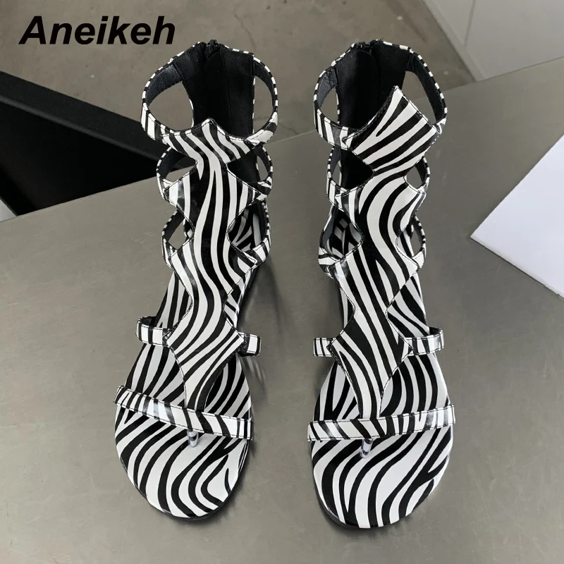 Aneikeh Women's Shoes 2024 New Rome Fashion Thong Solid Flat with Sewing Leisure Sandal Striped Ankle-Wrap Hollow out Classics