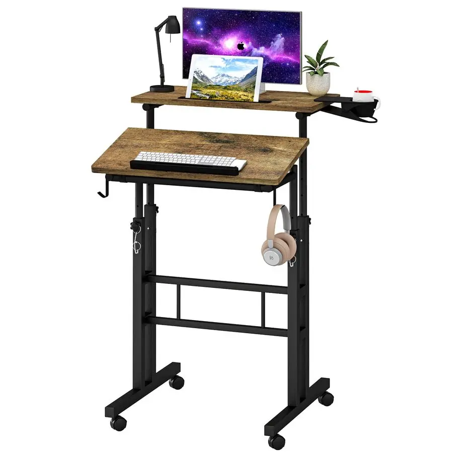 

Rolling Mobile Desk with Cup Holder, Portable, Adjustable Height Small Stand up Desk on Wheels for Home Office Laptop Cart, Comp