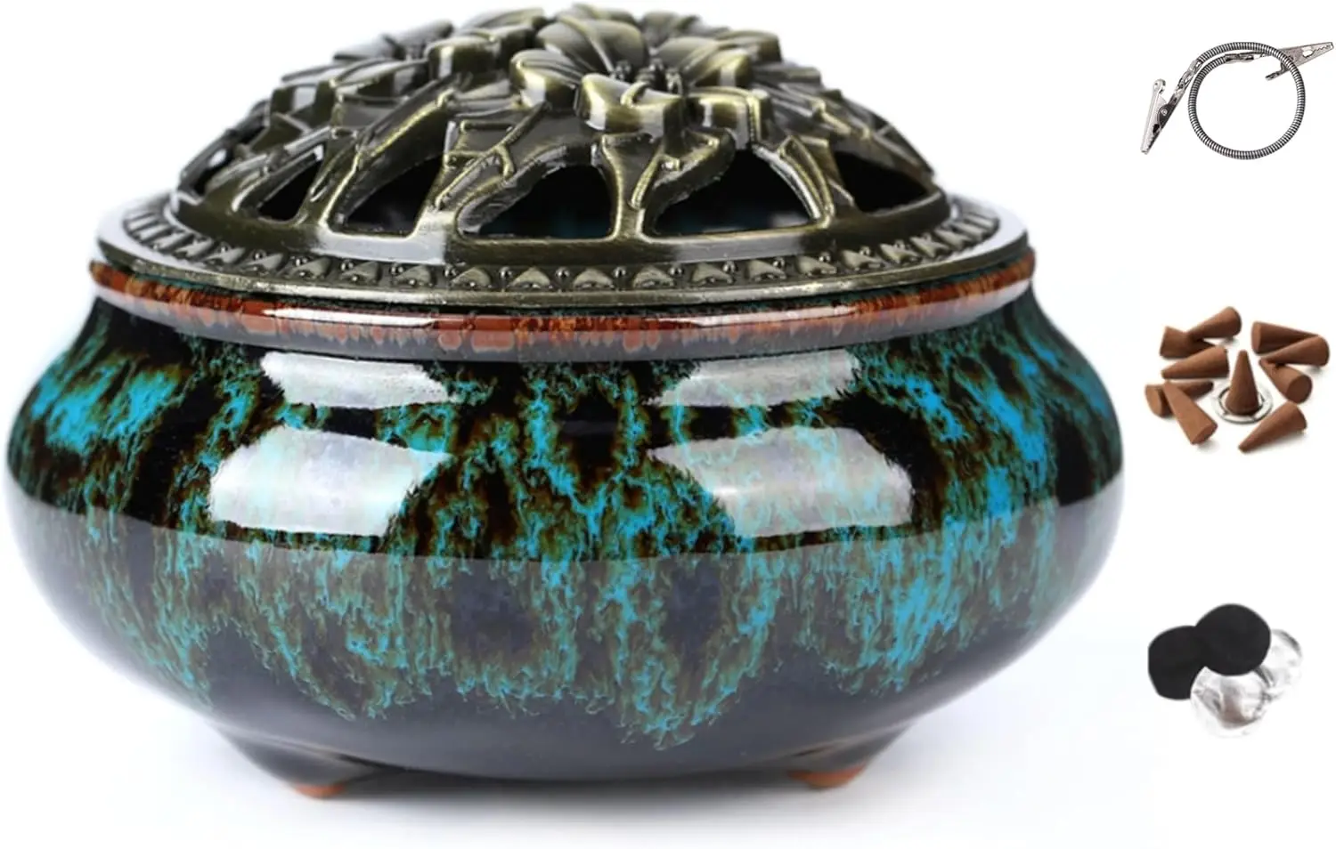 1pcs Censer Sky Blue Incense Burner with Calabash Incense Stick Holder - Porcelain Charcoal Censer for Use with Powder Cone