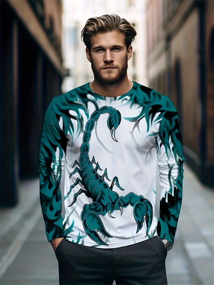Men's 3D Scorpion Long Sleeve T-Shirt Teal Blue Flame Graphic Tee Tribal Tattoo Animal Streetwear Casual Pullover Tops