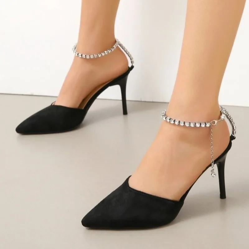 حجر الراين حزام خنجر الصنادل موضة أشار تو الفم الضحلة المضادة للانزلاق مقاومة للاهتراء الكعب العالي