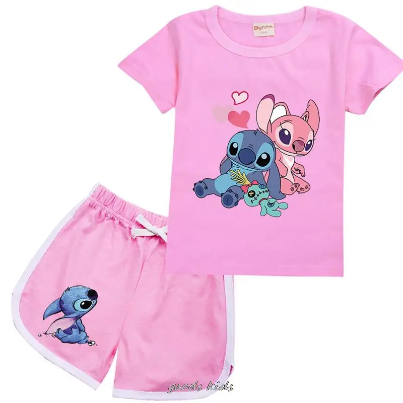 Lilo And Stitch t-shirt per bambini estate nuovi bambini abbigliamento per ragazze di cotone pantaloni a maniche corte per bambini vestito a due