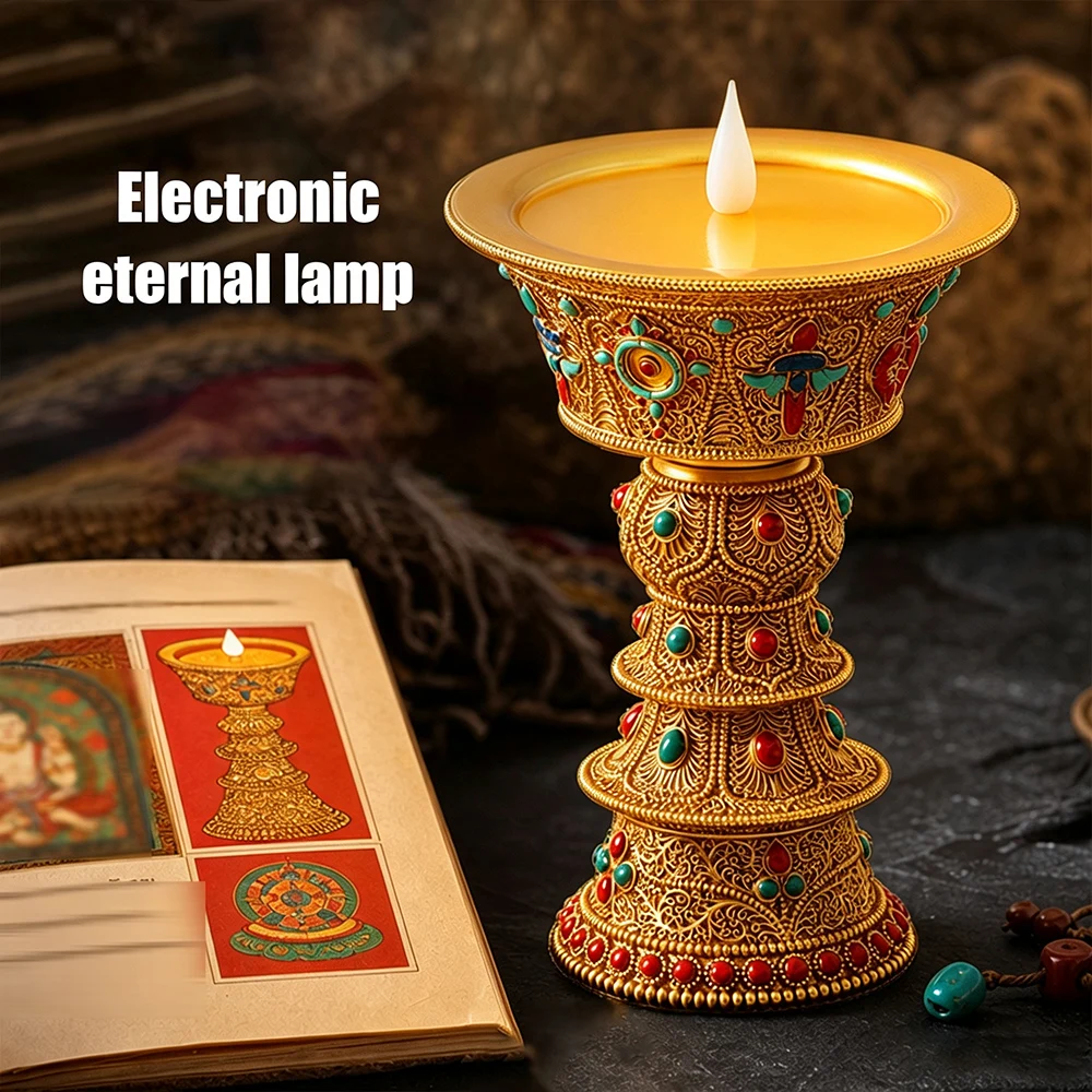 Tibetan Nepalese-Style Filigree Resin Electronic Butter Lamp, LED Realistic Flame Eternal Prayer Lamp for Home Buddhist Altar
