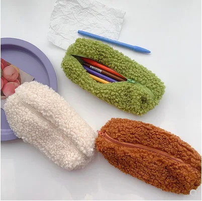 Plush Pen Bag Lamb Wool Storage Bag Pencil Case School Supplies Avocado Green Wholesale