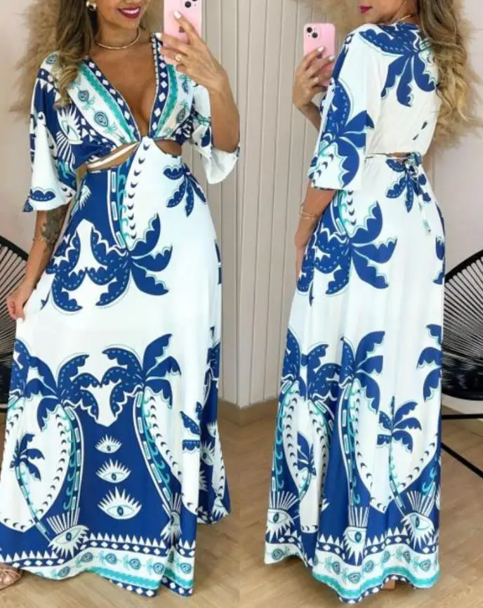 Vrouwen Jurken 2025, Zomerplanten Print Taille Uitgehold Boho Maxi-jurk Vrouwelijke Casual Driekwart Gebonden Detail Vakantiejurk