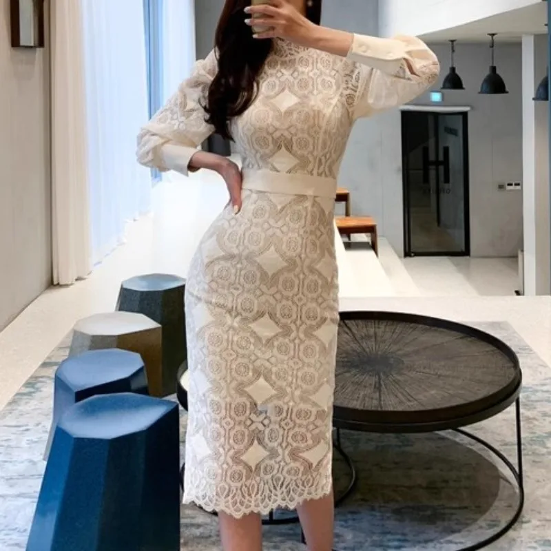 Chic White Lace Dress Women Korean Elegant Clothing Office Lady Stand Neck Business Dress Bodycon Streetwear Holiday