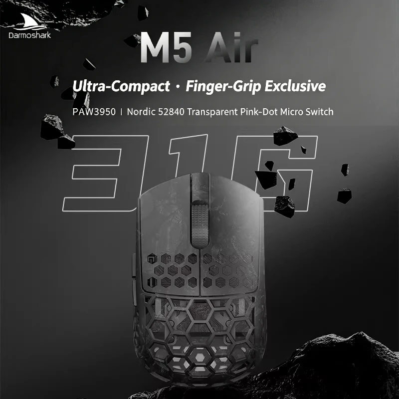 Darmoshark M5Air Forged Carbon Fiber Gaming Mouse Wireless 8K Macro Mouse 30KDPI  Finger Grip Small Hand Mice 30g Lightweight