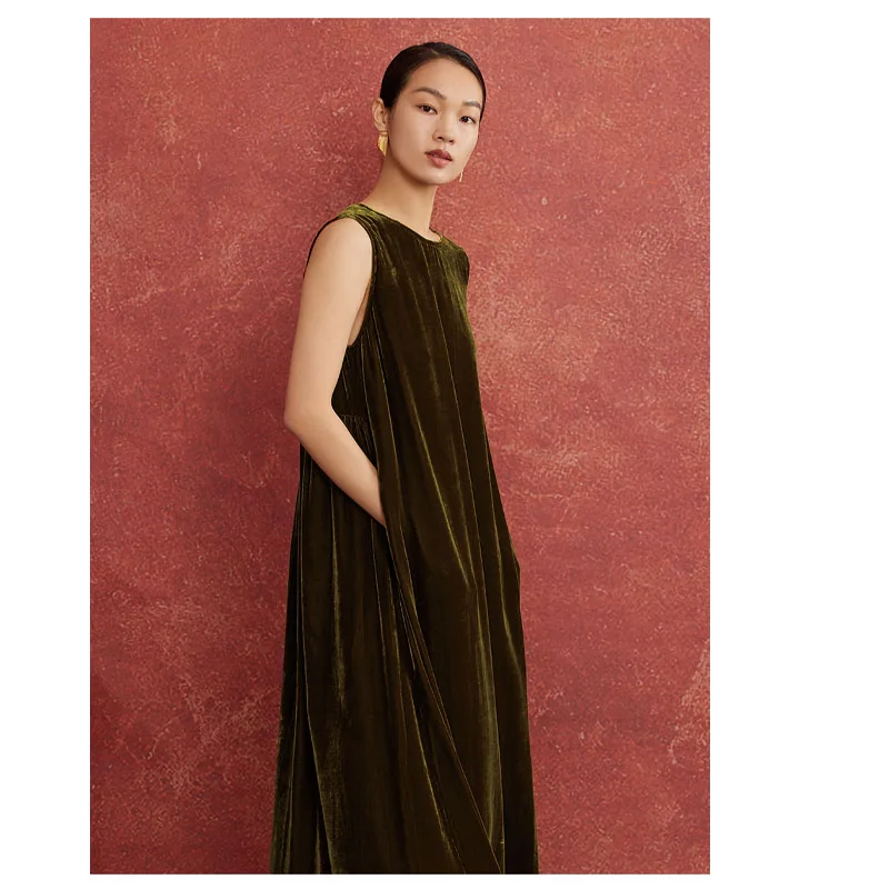 Fengbaoyu Robe femme en velours de soie naturelle - Robe longue rétro sans manches - Vêtements amples et confortables de grande taille