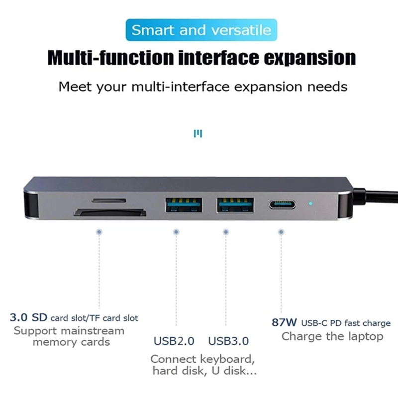 6in1 4 Ports Multifunctional Hub With HDMI Output USB Multi-Port Adapter Docking Station For Laptop Macbook Laptop Tablet Phone