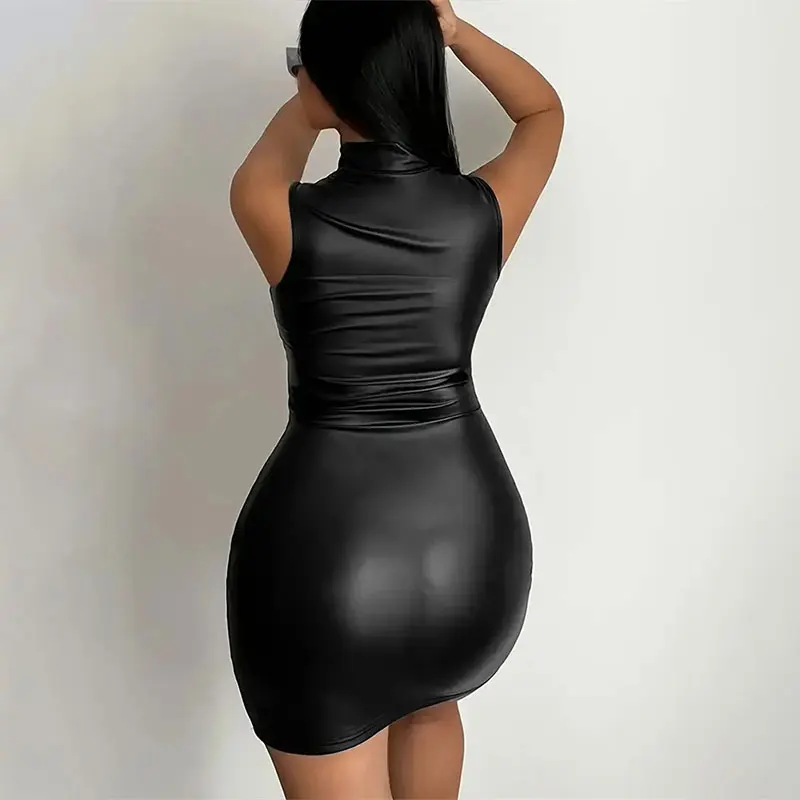 Kobiety Lato Seksowna Impreza Bez Ramiączek Bodycon Pu Leather Slim Package Hip Black Club Party Mini Krótka Sukienka Sundress Odzież Damska