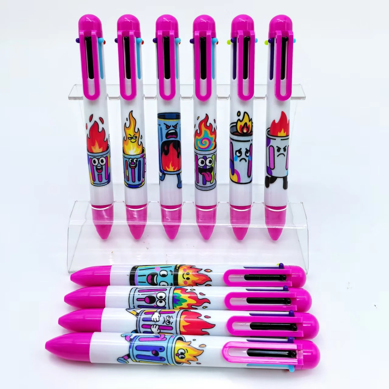 10 قطعة/15 قطعة الإبداعية سلة المهملات النار قلم حبر جاف لهب سلة المهملات متعدد الألوان الصحافة القلم ستة في واحد قلم حبر جاف