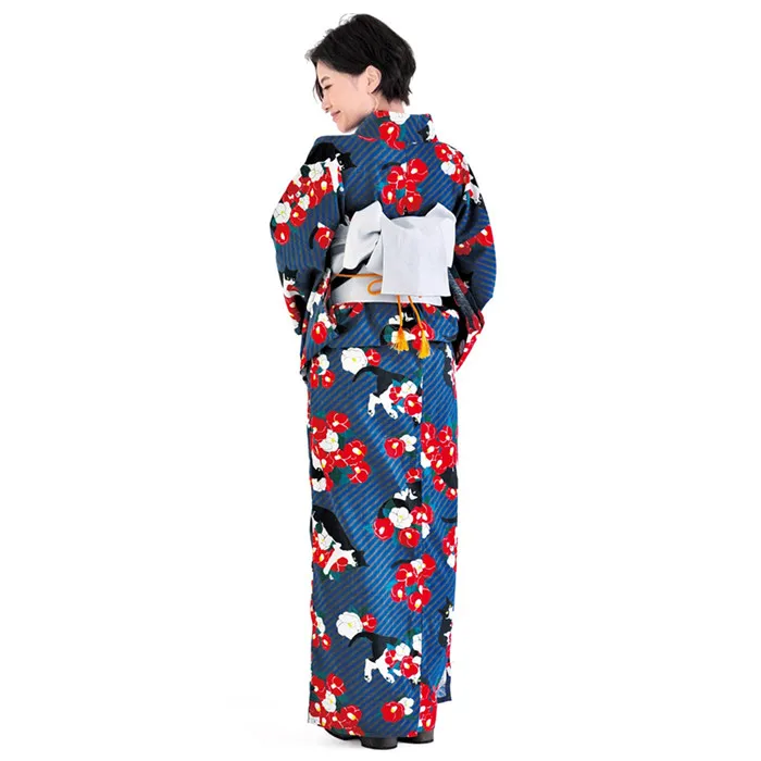 Ladies Kimono Yukata Camellia Black And White Cats Polyester Print Stage Vintage Anti-wrinkle Fabric clothing