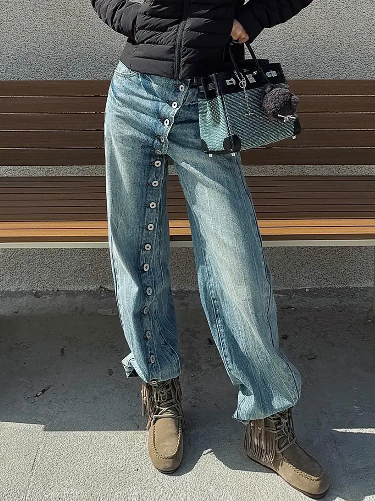 American Spice Girl Jeans Children's Retro Washed Slant Placket Button Floor Pants