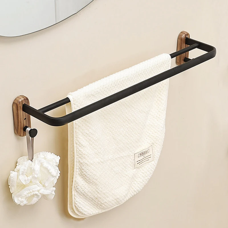 Wooden Bathroom Towel Rack, Solid Wood Double Bar Towel Hanging Bar, Wall Mount Towel Storage Holder for Washroom Toilet