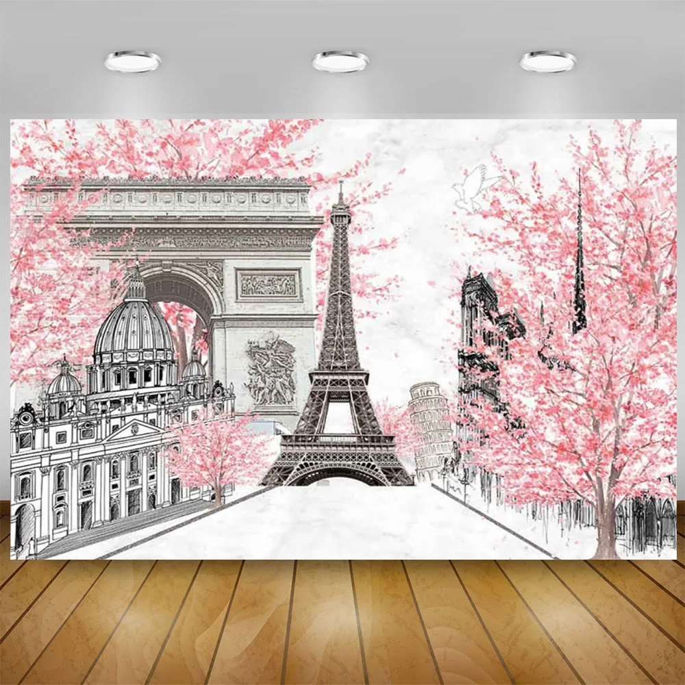 Fashion Pink Paris Eiffel Tower Theme Birthday Party Decoration Newborn City Street Landscape Fashion Girl Photo Backdrop Props