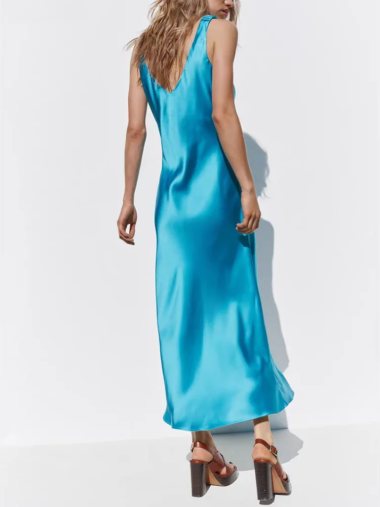 فستان نسائي أنيق من الساتان الحريري بدون أكمام من Spring New Arrival، فستان ميدي بخصر عالٍ ورقبة على شكل حرف V، قطعة واحدة