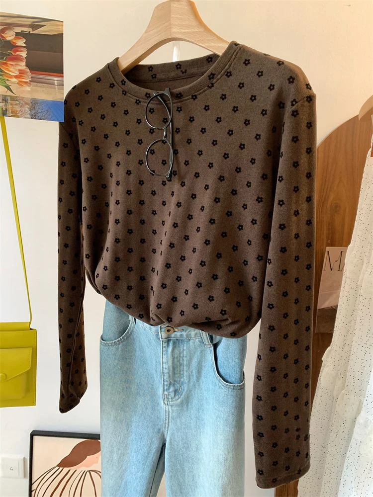 تي شيرت كوري فريد من نوعه بطبعة زهور عتيقة طويلة Sve تي شيرت ex كاجوال متعدد الاستخدامات بطبقة أساسية لربيع الخريف #4