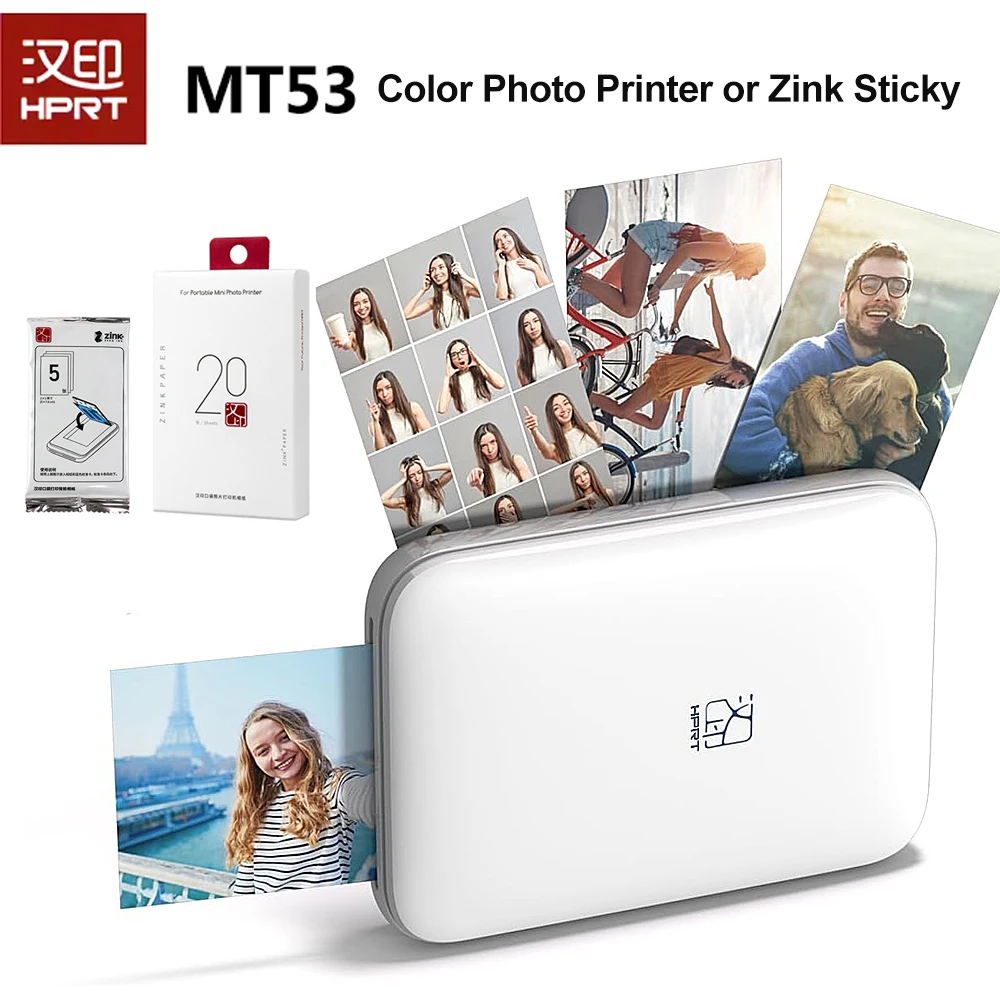 HPRT MT53 Color Photo Printer Mini Portable Thermal Pictures Maker or 2x3 Inch Zink Sticky Self-adhesive Photos Sticker Paper