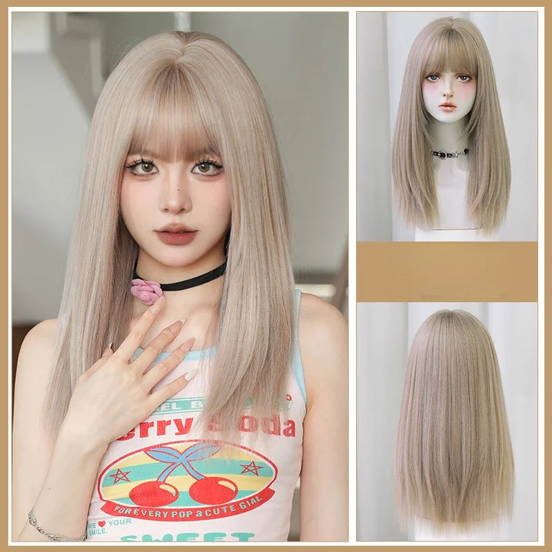 

Light Milk tea grey brown Synthetic women Wigs With Bangs for Women Long Straight Hair Wig Natural Cosplay Party Heat Resistant