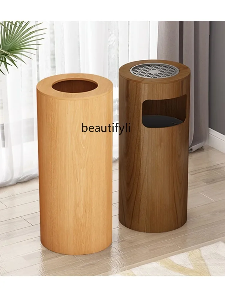 Hotel Lobby Vertical Large Wooden Office Building Elevator Trash Can with Lid and Ashtray