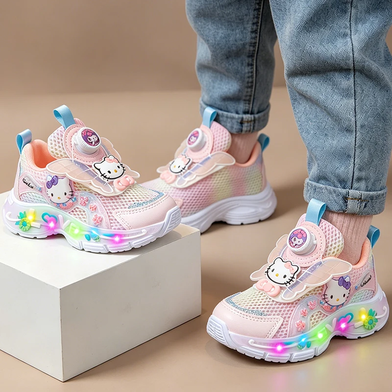 

Новые детские спортивные кроссовки Hello Kitty со светодиодами, розовые, из искусственной кожи, для девочек, подарок