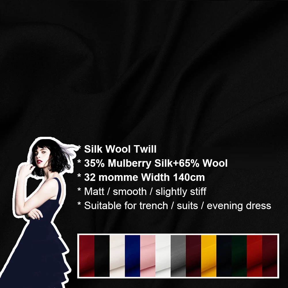 Silk Wool Twill Fabric140cm width 32mm/48%Silk+52%Natural Silk Fabric Suits Plush Fabric Wedding Party Dress Fabric