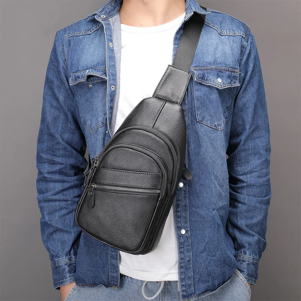 

Soft cow skin leather chest bag single shoulder pack black coffee man s packs outdoor riding