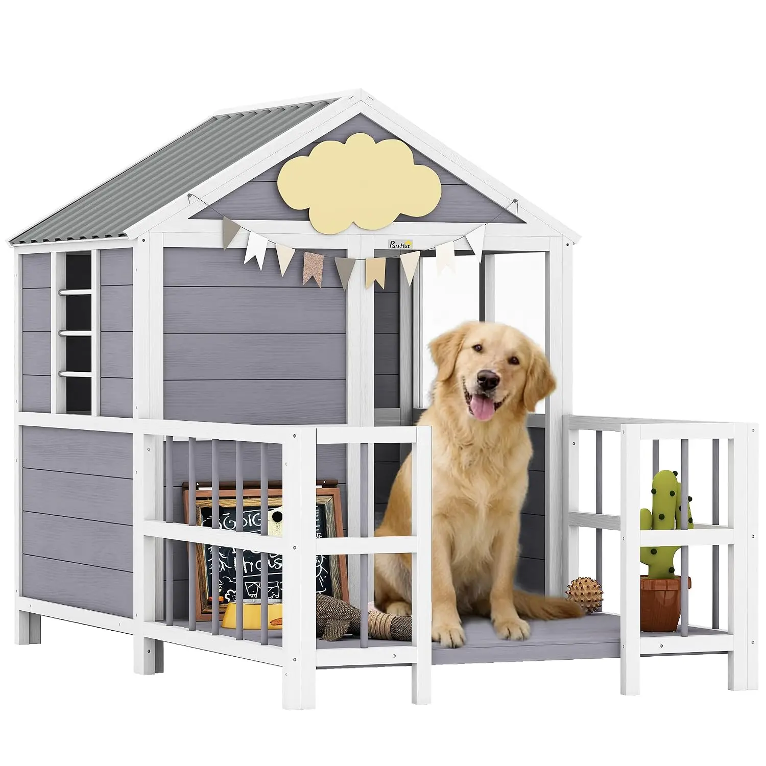 Wooden Dog Shelter, Weatherproof Roof, Elevated Floor, Air Vents & Observation Windows, Large Pet Shelter for Large Breeds