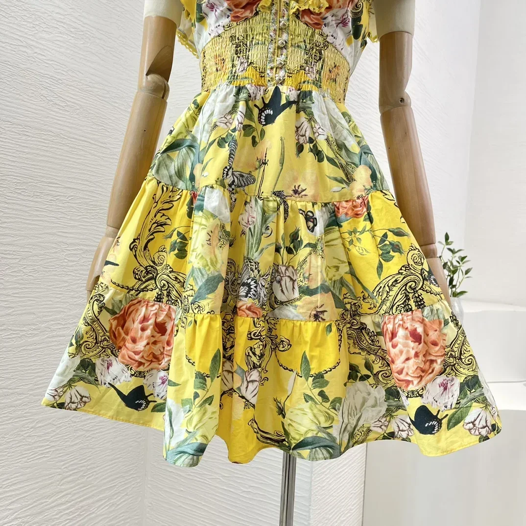 2025 New Yellow Floral Print Sleevless V Neck Diamonds Pressed Ruffles Cut Out Waist Women Mini Dresses for Holiday