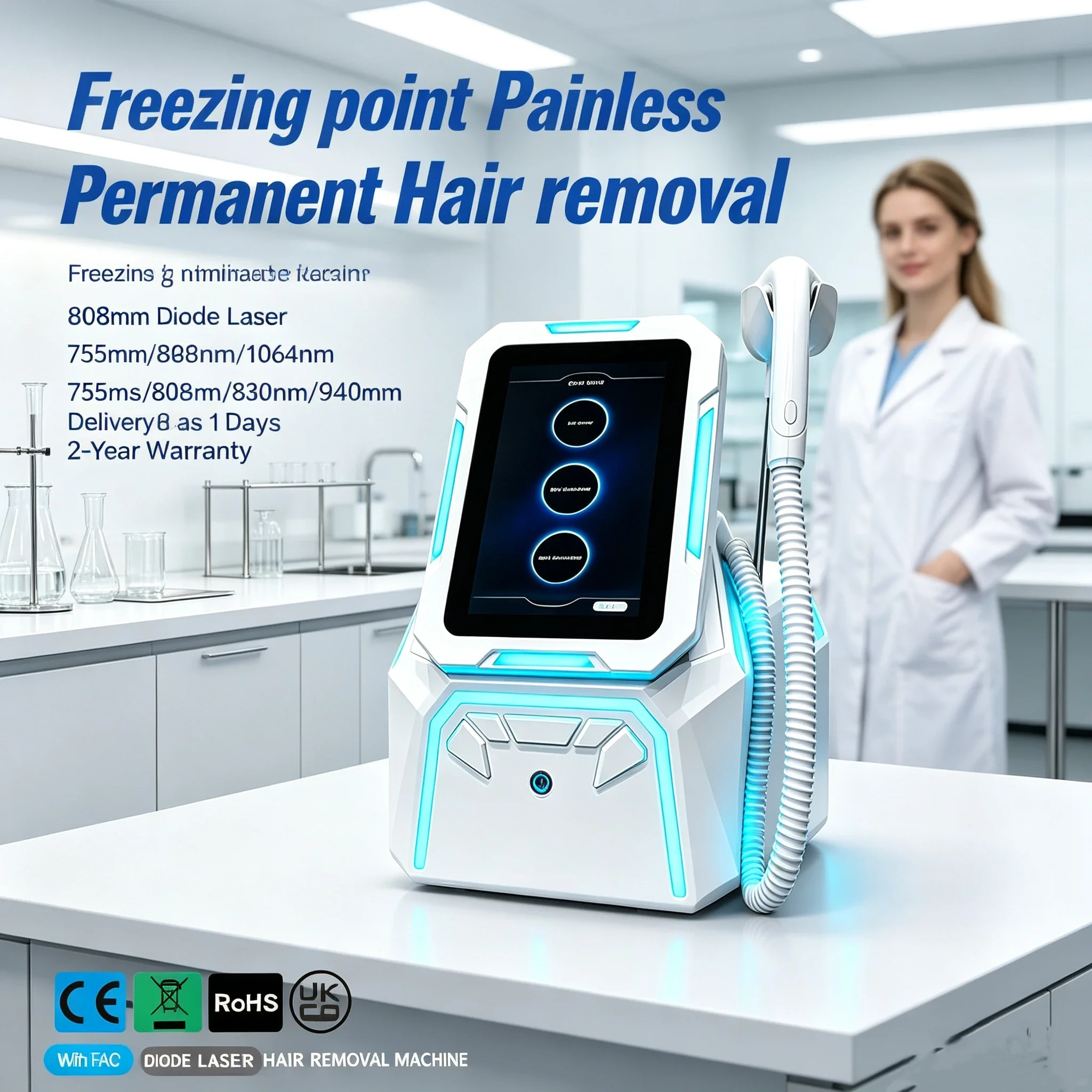 Ice Cooling Painless Salon Epil Gear 10Bars FAC 5 Wavelength Diode Laser 755/808/830/940/1064nm Permanent Hair Removal New Model
