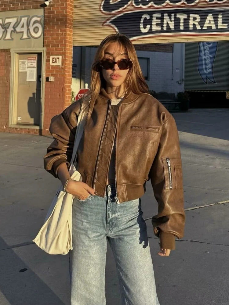 Vintage Zipper Motorcycle Leather Jacket for Women Trend Autumn New Loose Long-sleeved PU Leather Jacket Black High Quality Coat