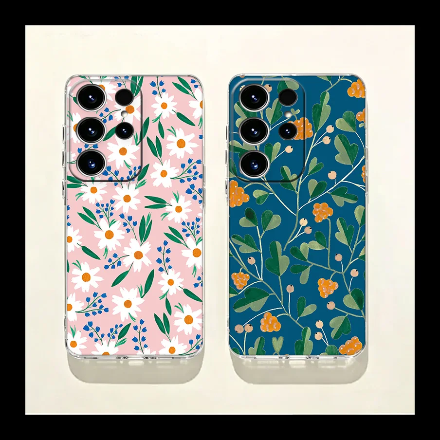 Dark Base Retro Floral Phone Case for Samsung Galaxy S26 Edge S25 S24 FE S23 Plus S22 Ultra S20FE Cover Camera Protection