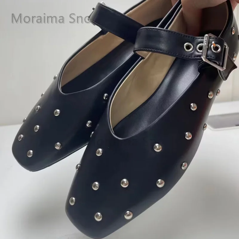 Zapatos planos de Ballet con diamantes de imitación para mujer, zapatos planos de cuero con hebilla de cinturón y punta cuadrada, cómodos, informales, combinan con todo