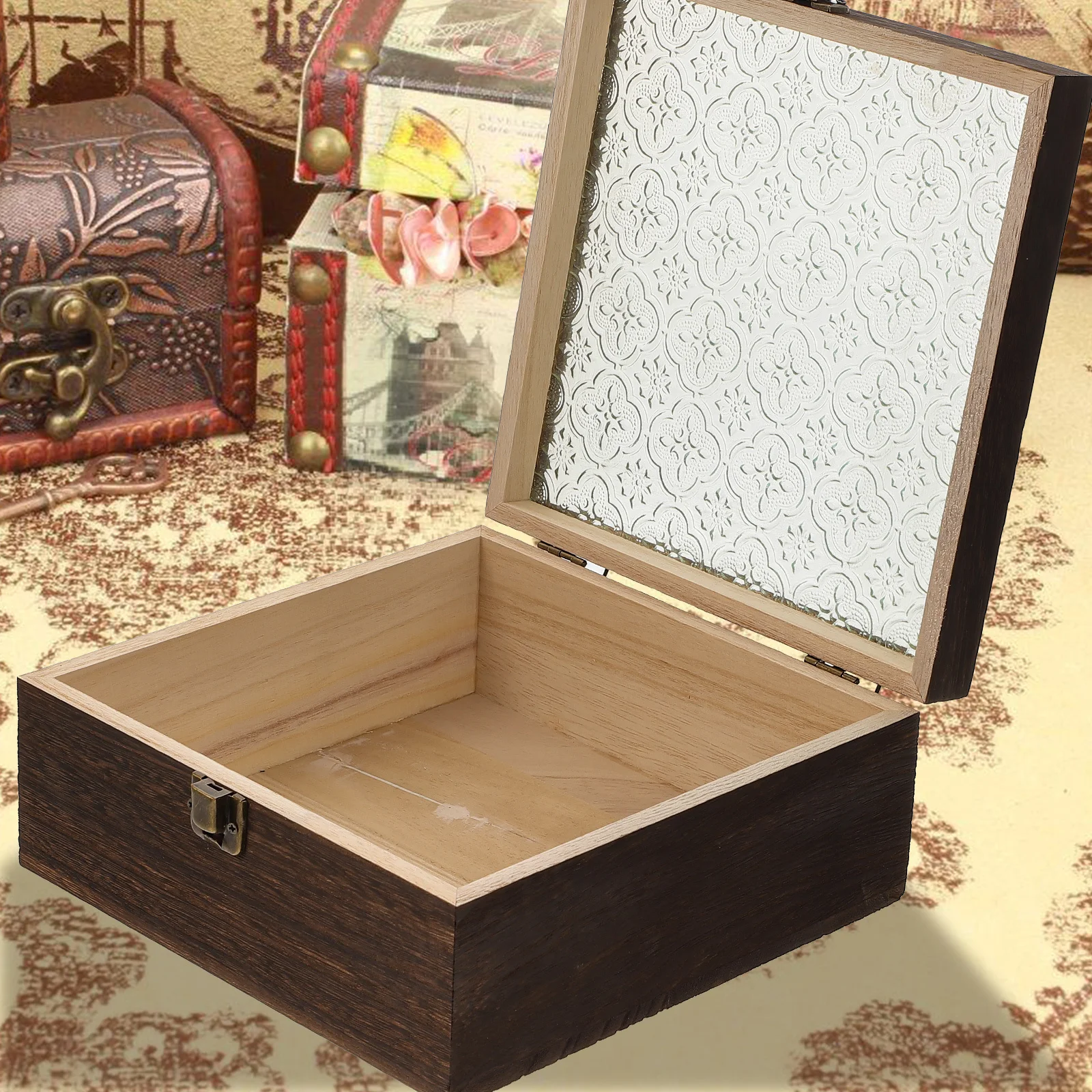 

Vintage Jewelry Box Wood and Glass Material Compact Trinket Case for Earrings Necklaces Brooches Hairpins Storage Solution Gift
