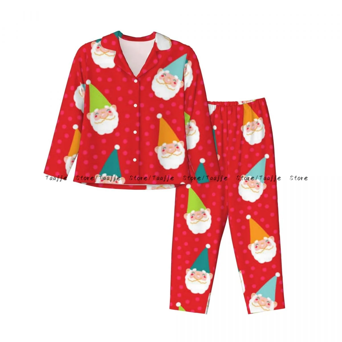 Women Sleepwear Pajamas Christmas Gnomes Faces Colorful Hats Long Sleeve Pijama Female Set Negligee Cardigan Suit