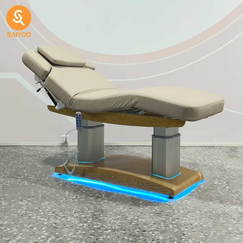 Cama de massagem com base de grão de madeira com luz LED de 4 motores com função de inclinação total
