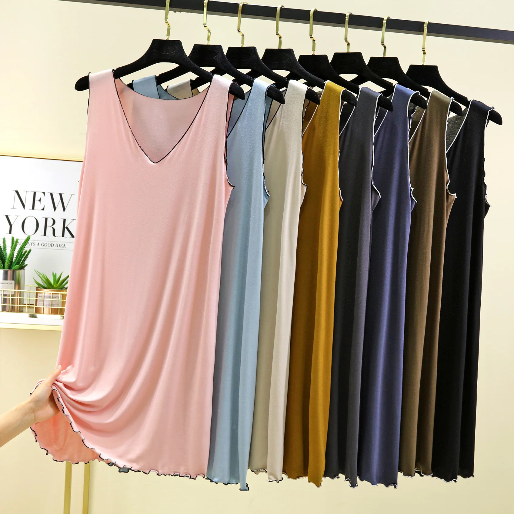 

Modal V-neck Tank Top Dress summer women's sundress Plus size Loose sleepdress mid-length solid color Edible tree fungus