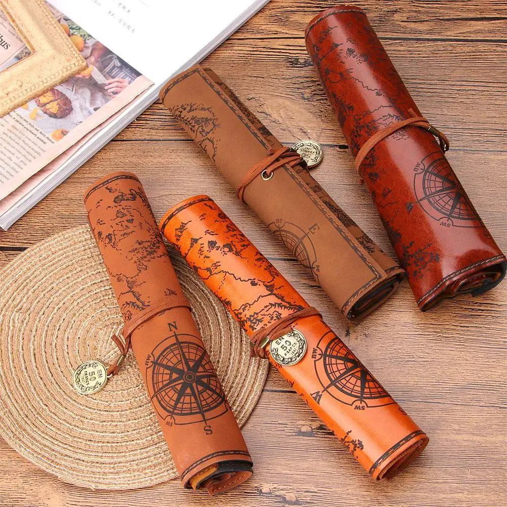 

Unique Retro Luxury Treasure Map Roll Cosmetic Make Up PU Bag Case Bag Purse Pouch Pen Pencil Case for School Leather