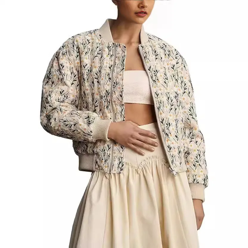 Damska krótka kurtka bomberka, bawełniana kurtka puchowa z nadrukiem stokrotek, kieszenie zapinane na zamek, styl westernowy, słodka, świeża, ciepła, wygodna, wielokolorowa.