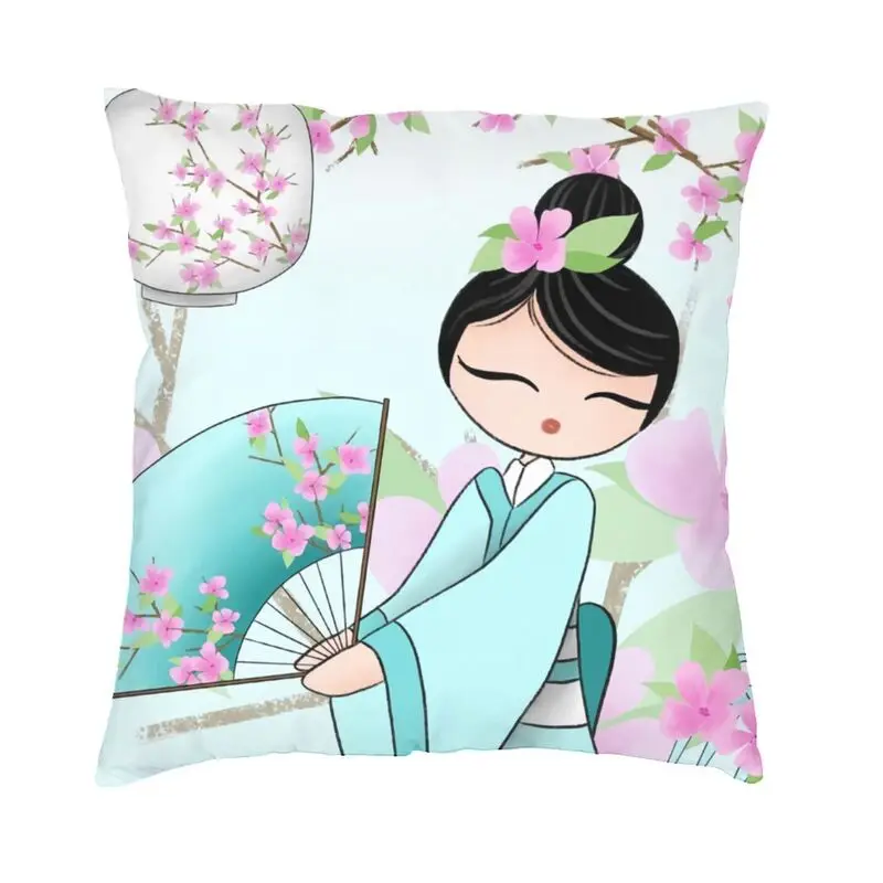 Custom Japanese Girl Sakura Kokeshi Doll Cushion Cover Two Side 3D Print Floor Pillow Case for Sofa Pillowcase Home Decoration