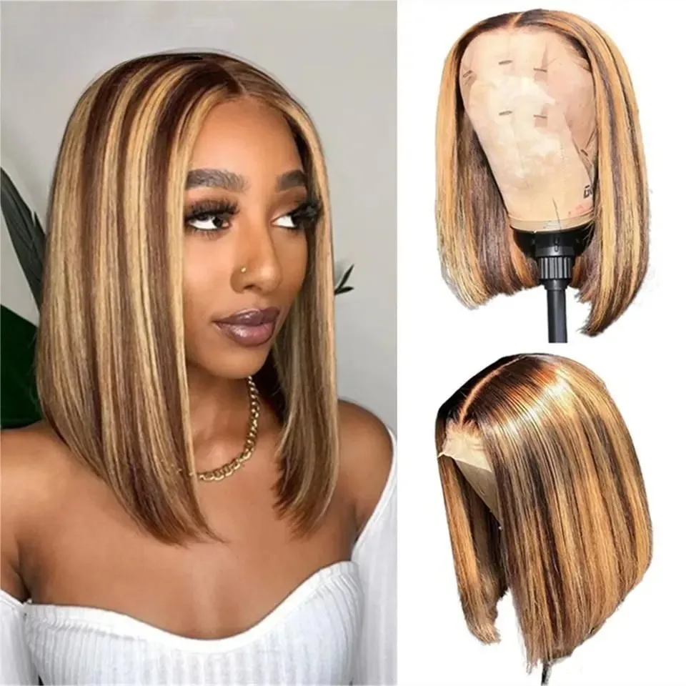 

Highlight Blonde Short Bob Straight Lace Front Wigs 13X4 HD Short Lace Wigs Brown Pre Plucked Synthetic And Blend Lace Wigs