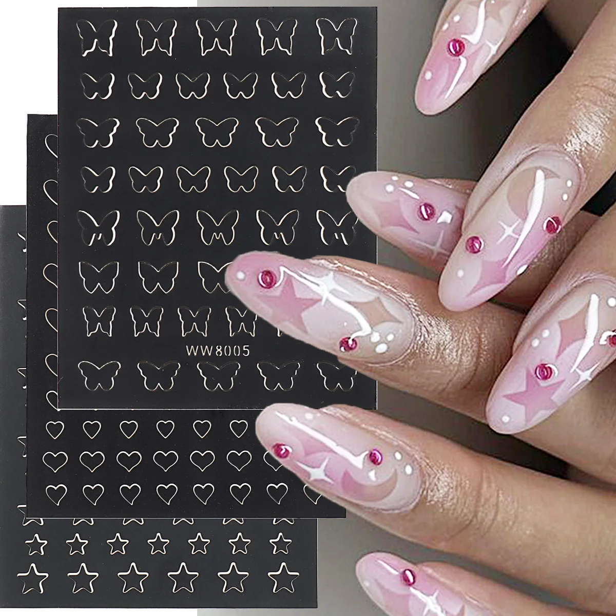 Airbrush Stencil For Nails Sticker Butterfly Stars Heart Design Prints Decals DIY French Hollow Templates Manicure Tool NLWW8001