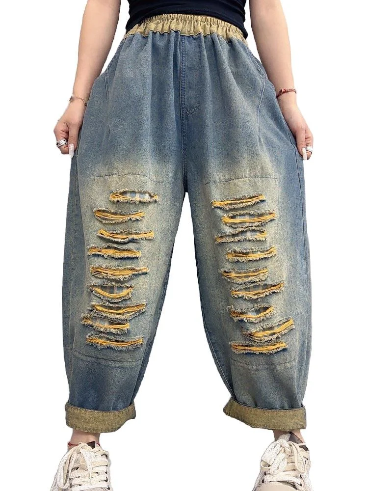 

Amax luluE Summer Womens Fashion Holes Design Denim Pants Loose Casual Vintage Ripped Jeans Ladies Classic Punk Harem Trousers