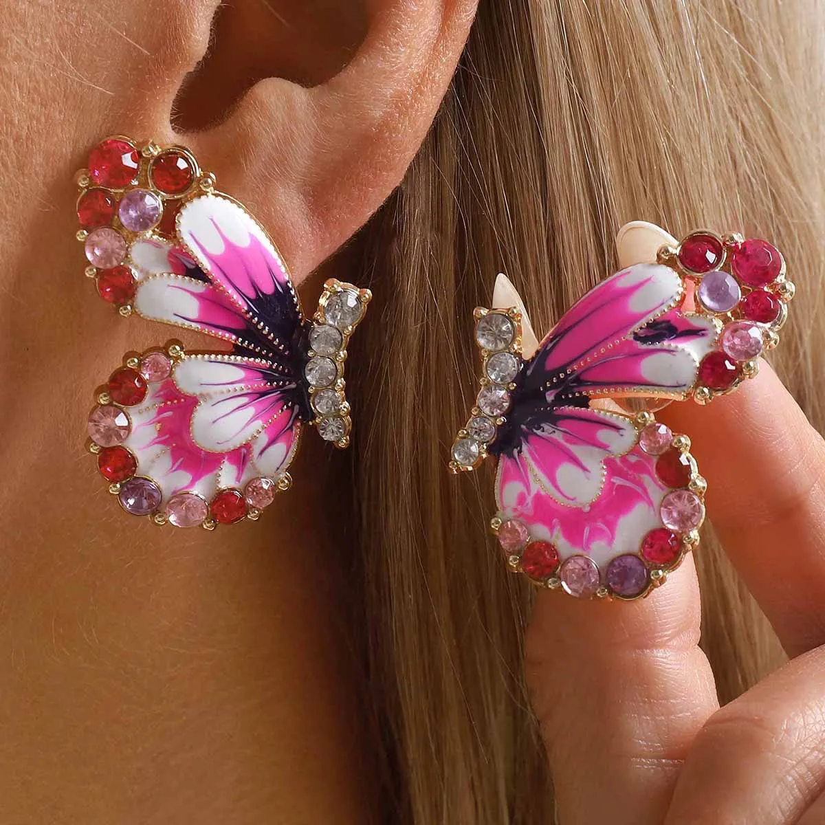 Vibrant Pink Butterfly Wing Stud Earrings Colorful Enamel Rhinestone Edge Insect Ear Jewelry Fairycore Holiday Party Accessories