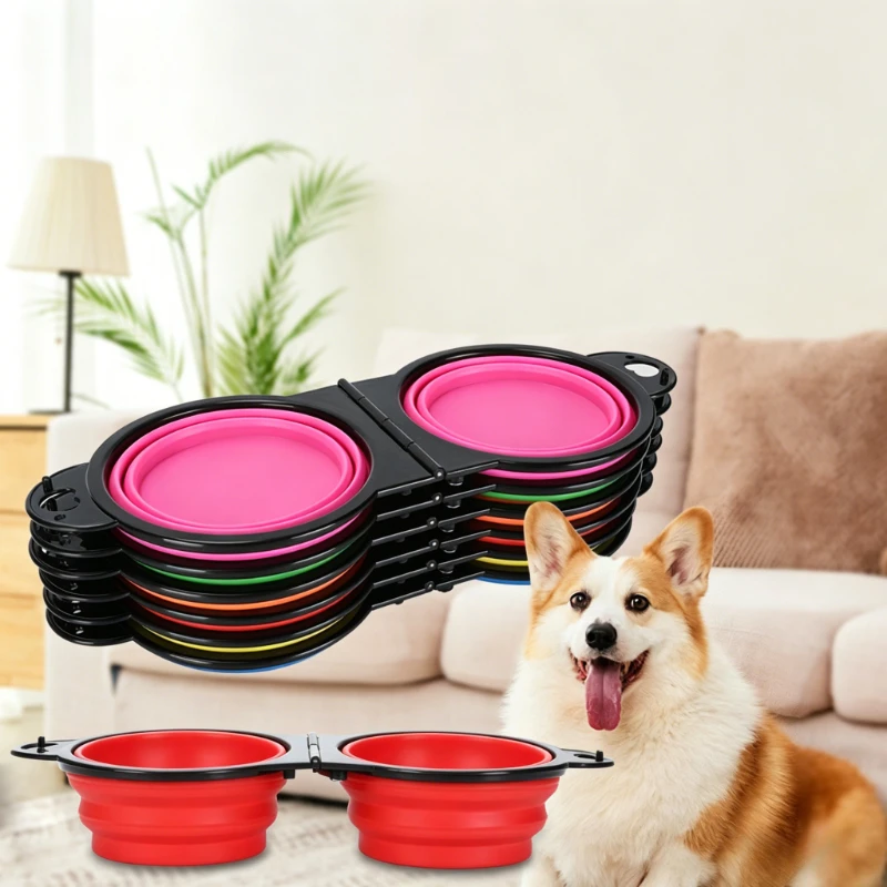 New Pet 2-in-1 Foldable Folding Bowl Dog Dual Bowl Portable One Piece Outdoor Folding Double Bowl Outdoor Dog Bowl Pet Supplies