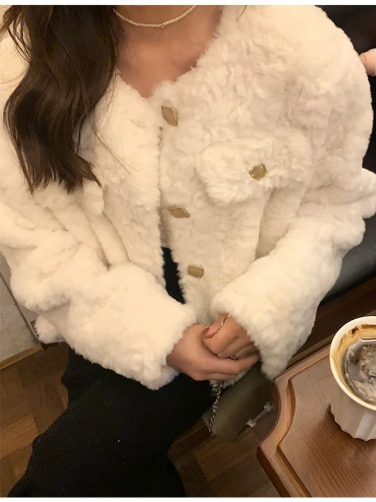 Women Faux Lamb Fur Jacket Winter Short Sweet Furry Fluffy Coat