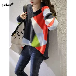 Fashion Loose Color Blocking Midi Sweaters Women's Clothing Korean Autumn Winter V-Neck Casual Long Sleeve Knitted Pullovers